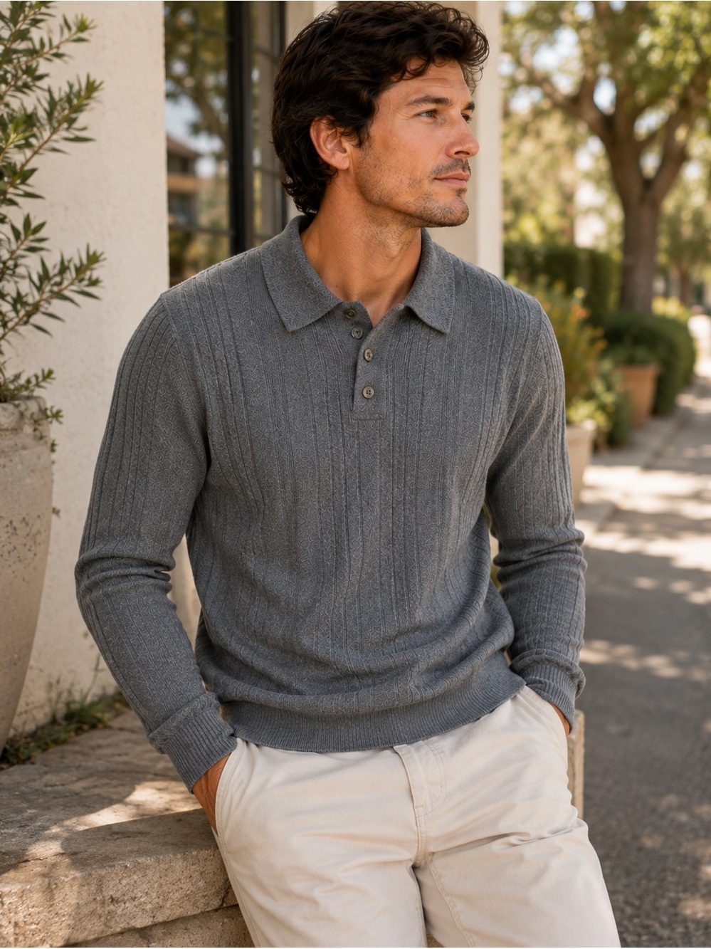 Banana Republic Men’s Ribbed Organic Cotton Polo Sweater-NWT-Grey-Med
